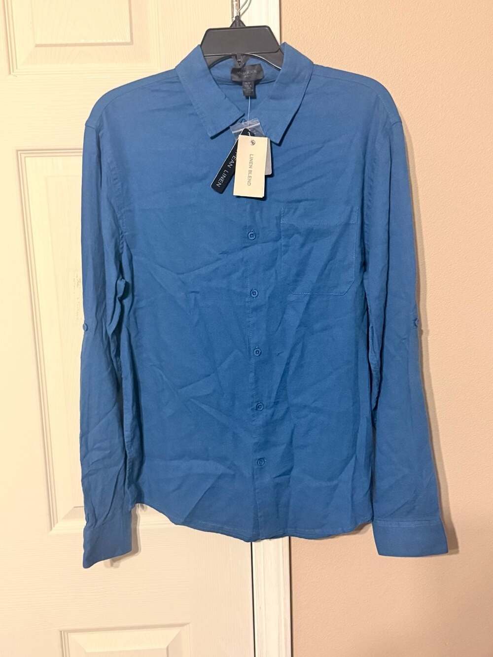 Magaschoni Linen Blend Button-Down Shirt Size S/P Cobalt Blue